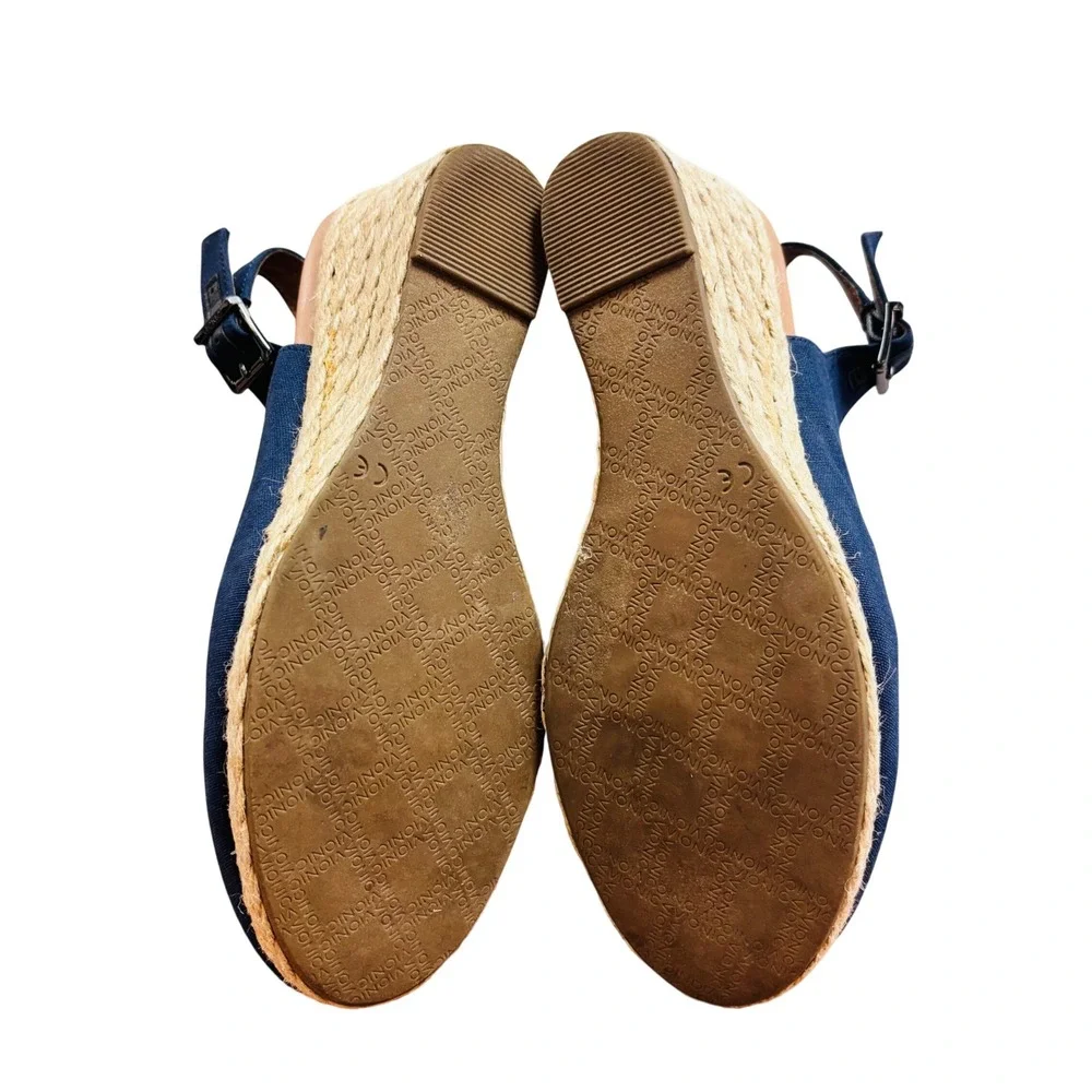 Vionic Coralina Navy Blue Canvas Slingback Espadrille Wedges Womens 7.5 Wide